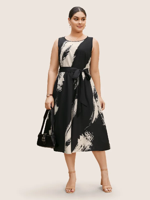 Plus size dresses featuring lace sleeves feel luxe -Marble Print Sleeveless Belted Midi Dress