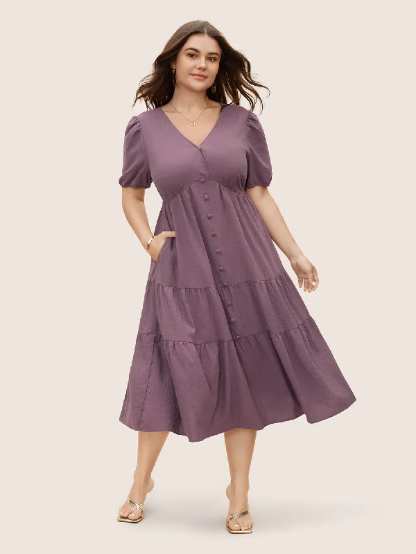 Plus size dresses for festive events shine loud -Plain Textured Button Detail Lantern Sleeve Dress