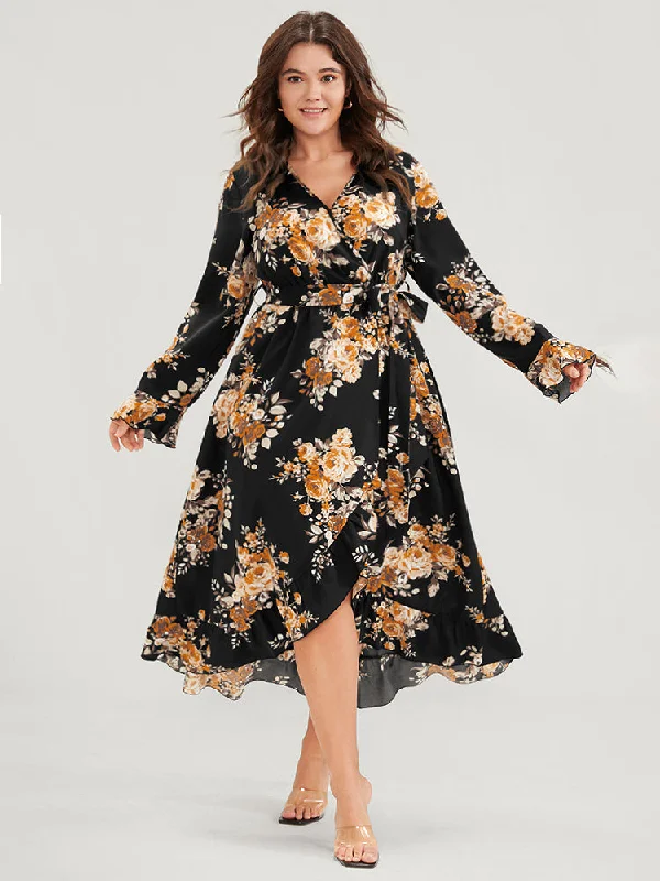 Plus size dresses featuring laser-cut details are unique -Floral Pocket Belted Ruffles High Low Hem Wrap Midi Dress