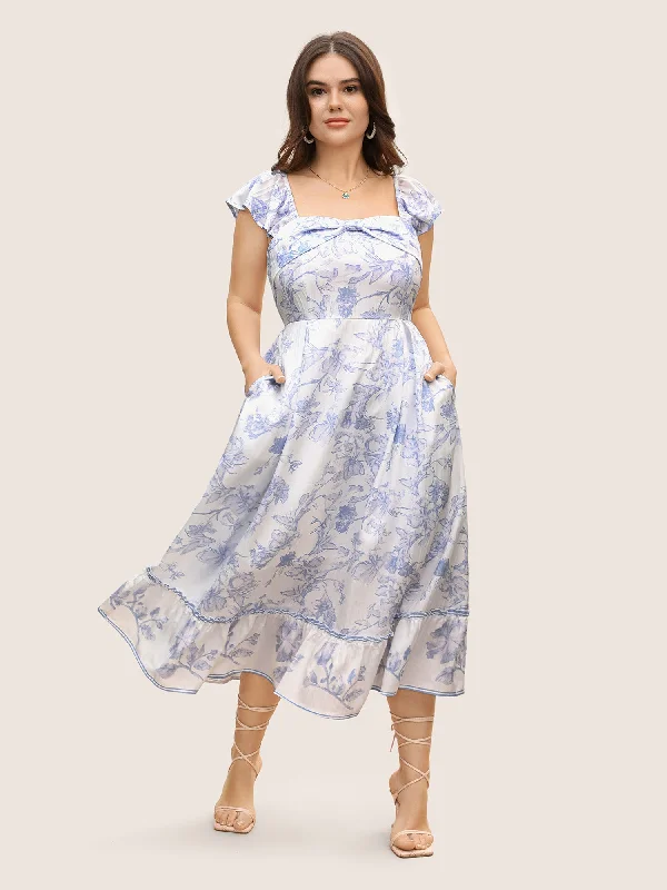 Plus size dresses featuring maxi lengths flow gracefully -Square Neck Floral Twist Ruffle Cap Sleeve Dress