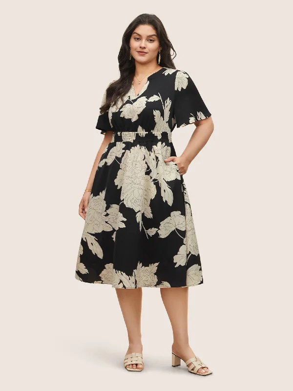 Plus size dresses for casual Fridays stay relaxed -Floral Print Notched Belted Flutter Sleeve Dress