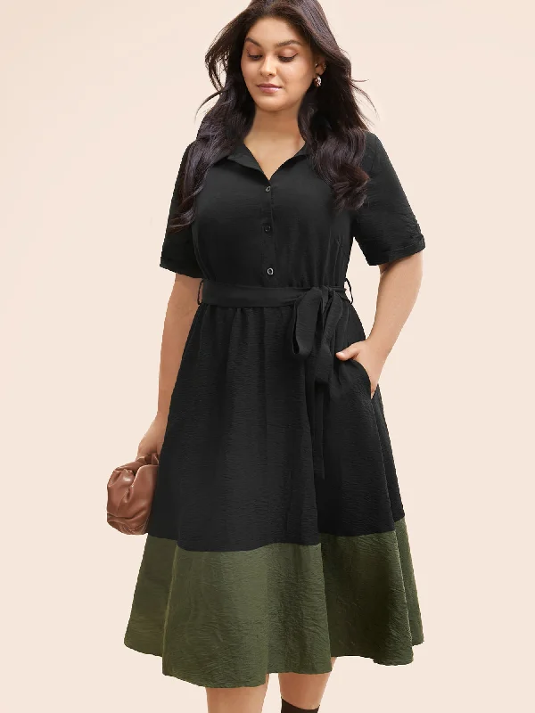 Plus size dresses with unique patterns catch eyes -Shirt Collar Contrast Patchwork Belted Midi Dress