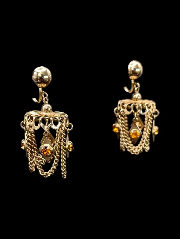 Drop Earrings for Beach Outfit -Lightweight drop earrings for sensitive ears -1950s - 1960s Amber Rhinestone Cascading Swag Chain Chandelier Earrings in Gold