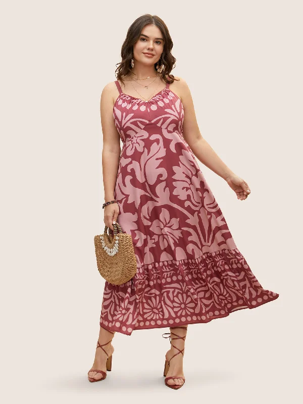 Plus size dresses featuring chiffon layers feel airy -Silhouette Floral Print Frill Trim Cami Dress