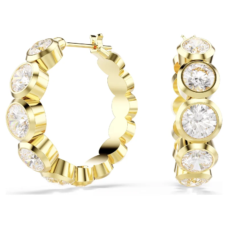 Clip On Drop Earrings for Non Pierced -Drop earrings with pearl drops for a classic finish -Swarovski Imber Crystal Bezel Hoop Earrings in Yellow Tone Plate