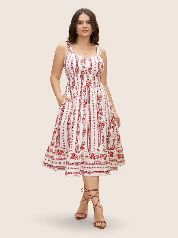 Plus size dresses for parties shine with confidence -Heart Neckline Boho Print Shirred Cami Midi Dress