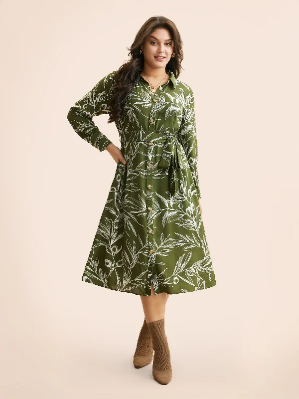 Plus size dresses featuring velvet textures feel plush -Shirt Collar Plants Print Belted Dress