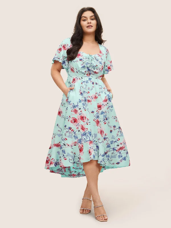 Plus size dresses with classic designs never fade -Square Neck Floral Print Gathered Drawstring Dress