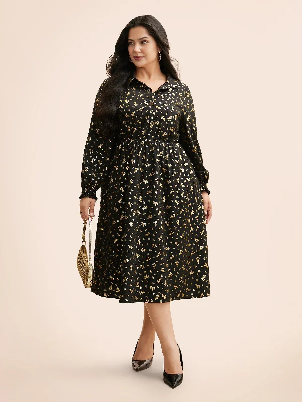 Plus size dresses with sleek designs suit all -Glitter Floral Frill Trim Shirred Dress