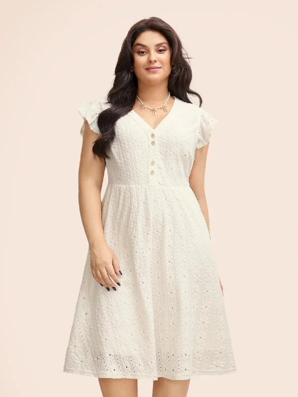 Plus size dresses with fit-and-flare shapes flatter -Textured Button Detail Cap Sleeve Dress