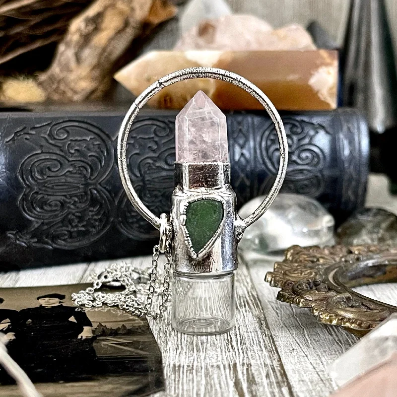 Best necklaces and pendants with butterfly wings for a delicate, graceful style-Rose Quartz and Green Sea Glass Crystal Necklace / Silver Crystal Rollerball Necklace