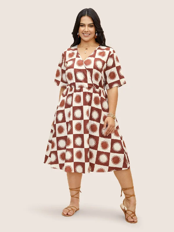 Plus size dresses with unique necklines add flair -Sun Print Overlap Collar Elastic Waist Dress