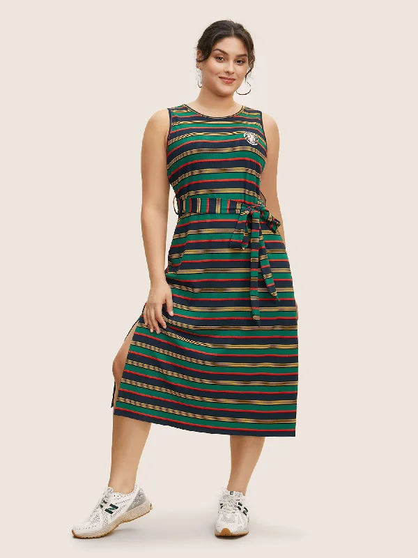 Plus size dresses with tough fabrics age well -Contrast Striped Embroidered Patch Split Side Dress