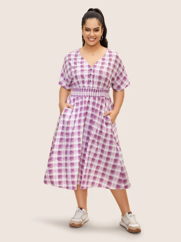 Classic plus size dresses in black suit everything -Gingham Shirred Button Up Dolman Sleeve Dress