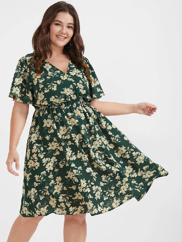 Classic plus size dresses in black suit everything -Floral Belted Button Ruffled Wrap Knee Dress