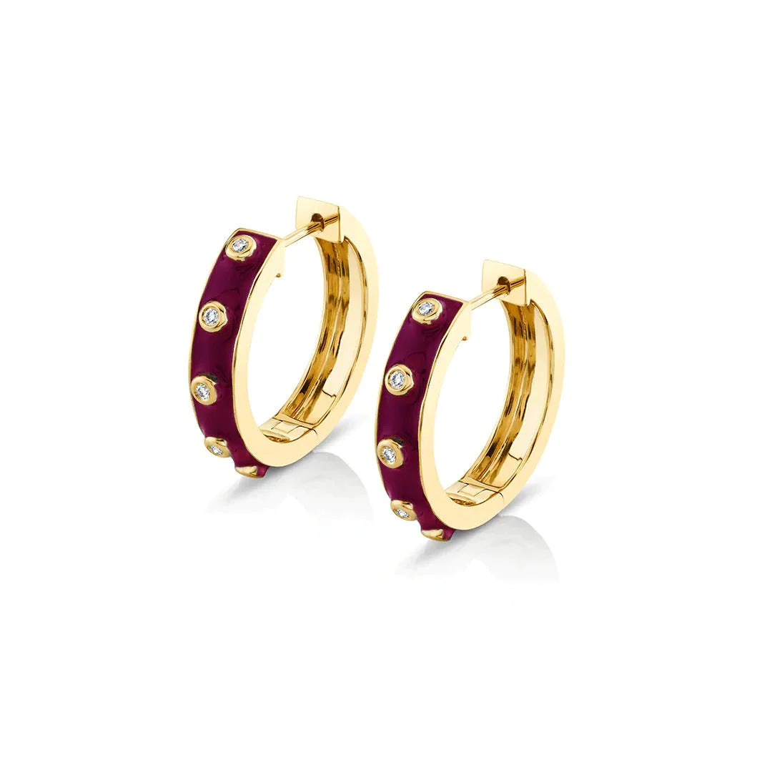 Drop Earrings with Filigree Work -Contemporary drop earrings with geometric patterns -0.09ctw Magenta Chroma Extruded Diamond Bezel Huggies