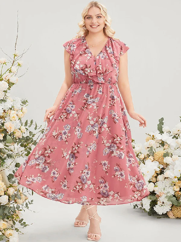 Plus size dresses with durable weaves endure wear -Floral Print Ruffle Trim Pocket Sleeveless Wrap Dress