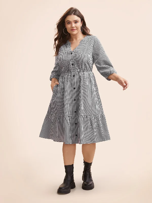 Plus size dresses for wet weather stay dry -Gingham Notched Ruffle Hem Lantern Sleeve Dress