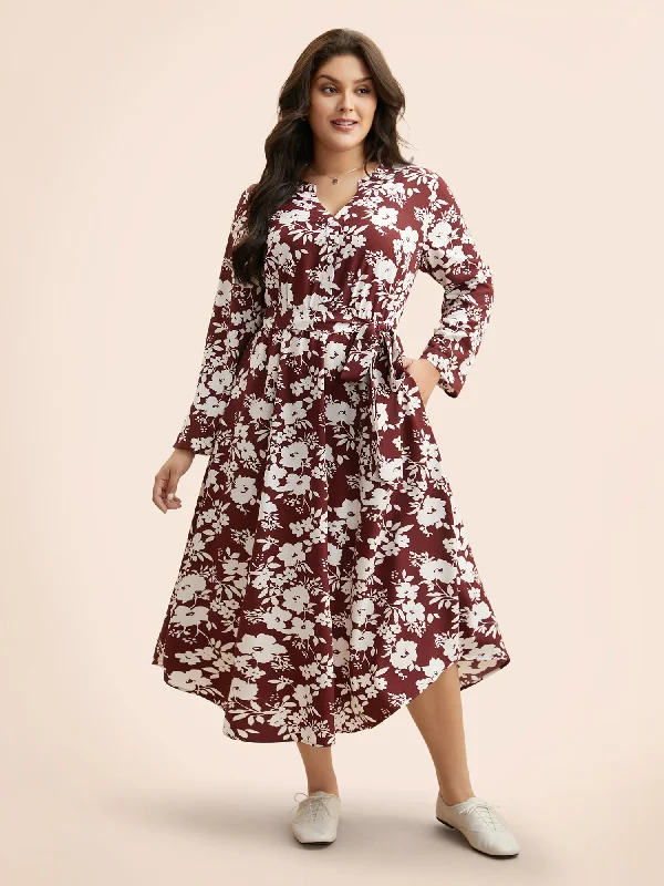 Plus size dresses with soft skirts feel light -Silhouette Floral Print Tab Sleeve Dress