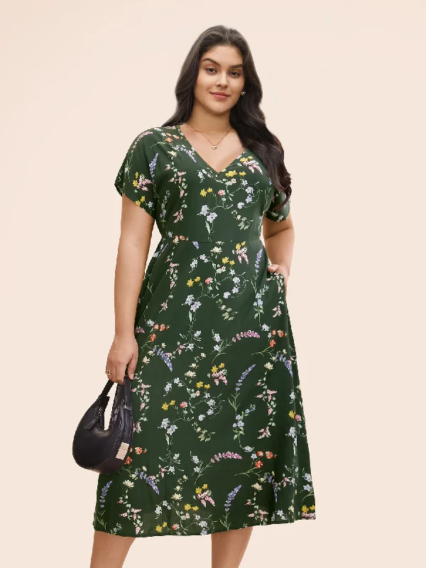 Plus size dresses with scalloped hems feel delicate -Floral V Neck Dolman Sleeve Midi Dress