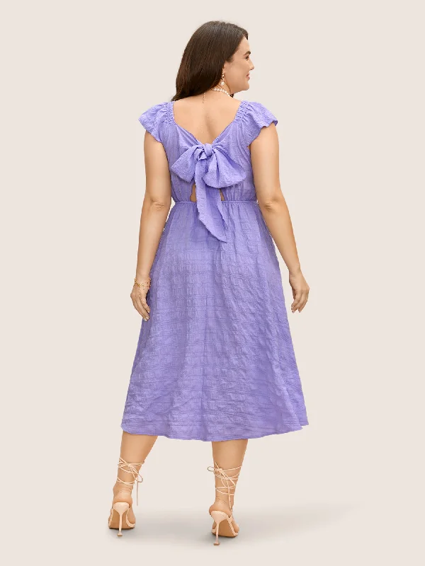 Plus size dresses with scoop necklines feel classic -Texture Back Tie Knot Cap Sleeve Dress