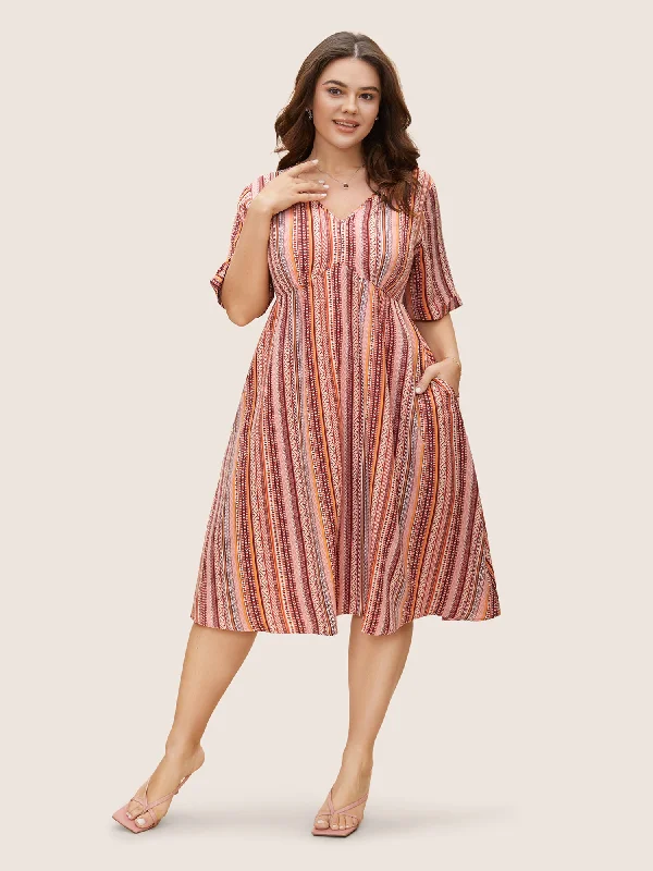 Plus size dresses featuring polka dots feel playful -Bandana Striped V Neck Midi Dress