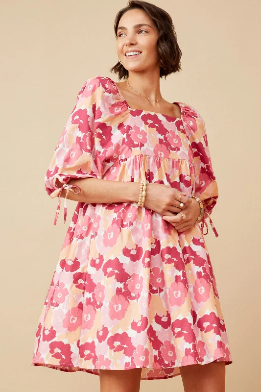 Plus size dresses for long days support fully -Large Floral Square Neck Puff Sleeve Dress