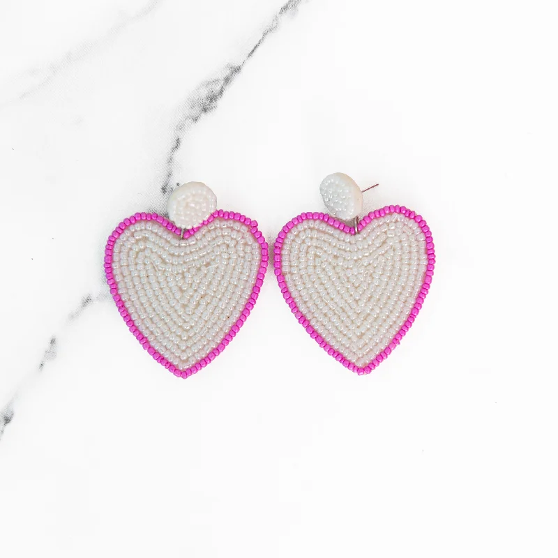 Drop Earrings with Leaf Motifs -Drop earrings with enamel colors for vibrant flair -Pink and White Heart Beaded Earrings