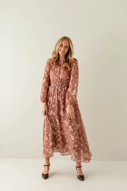 Plus size dresses featuring tie-dye patterns are quirky -'Cherise' Long Sleeve Textured Chiffon Maxi Dress in Dusty Rose