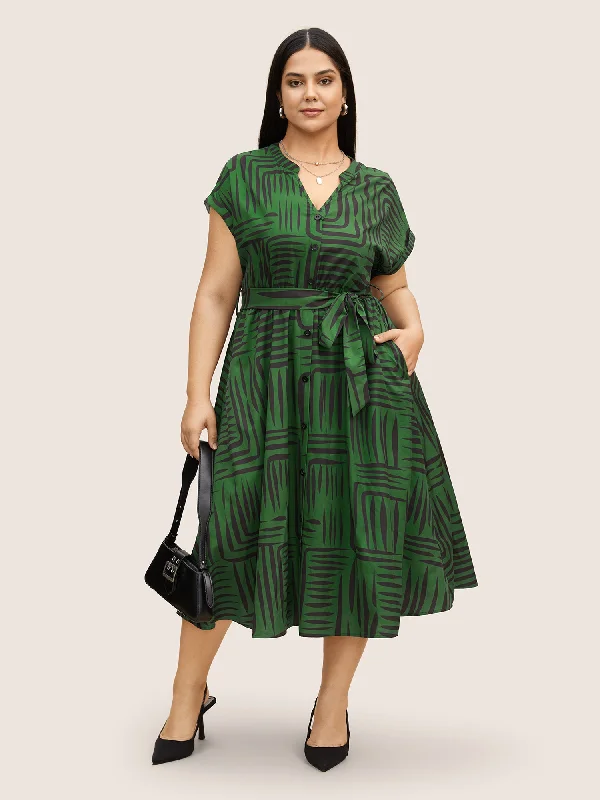 Plus size dresses featuring geometric prints are trendy -Geometric Button Detail Cuffed Sleeve Dress