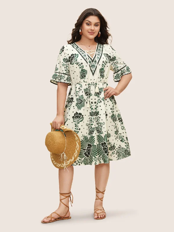 Plus size dresses featuring satin finishes feel smooth -Bandana Tassel Lace Up Flutter Sleeve Dress