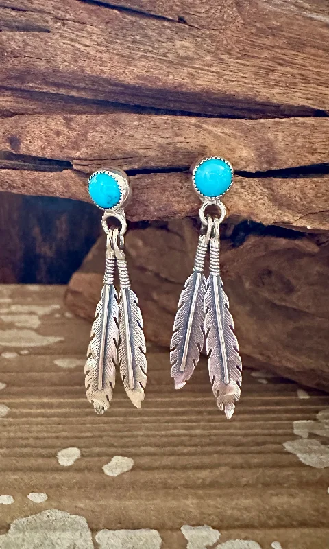 Drop Earrings for Party Look -Drop earrings with diamond-shaped accents for a modern touch -FEATHER CHARMS Silver and Turquoise Dangle Earrings