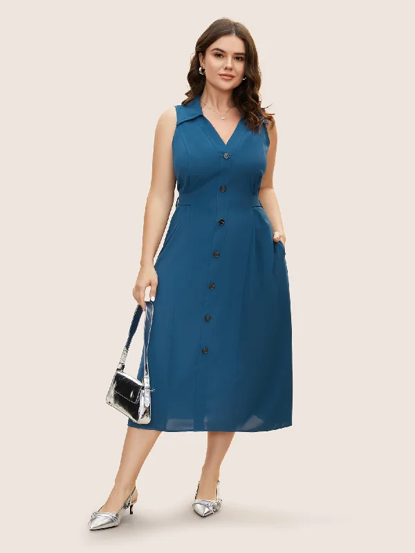 Plus size dresses featuring tiered skirts feel fun -Shirt Collar Button Detail Sleeveless Dress