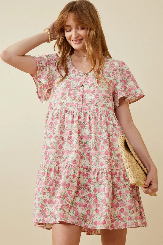 Plus size dresses with adjustable straps fit well -Button Detail Textured Floral Dress