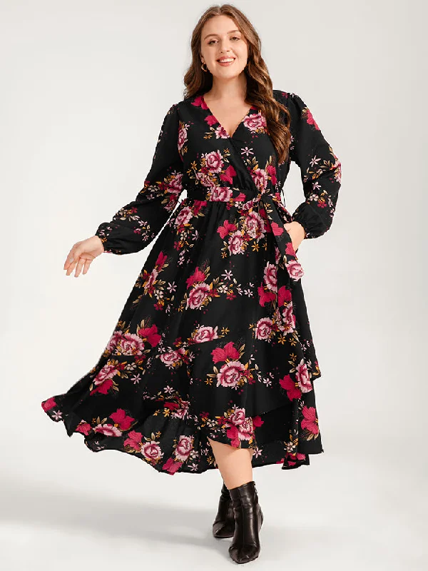 Classic plus size dresses in black suit everything -Floral Ruffle Lantern Sleeve Pocket Belted Asymmetrical Hem Dress