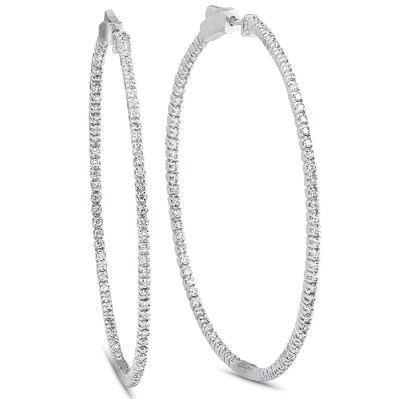 Hoop earrings with polished silver finish for a shiny, modern appeal-1 1/5 Ct Diamond Inside Outside Hoops 14k White Gold Vault Lock 2" Tall