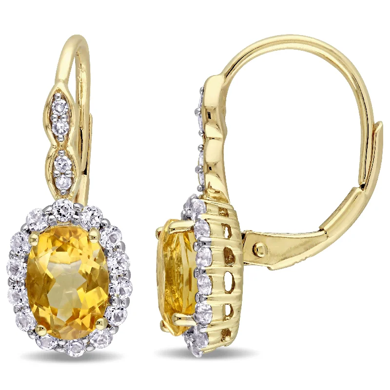 Best hoop earrings with detachable studs for a versatile and adjustable accessory-2 1/4 CT TGW Oval Shape Citrine, White Topaz and Diamond Accent Vintage LeverBack Earrings in 14k Yellow Gold