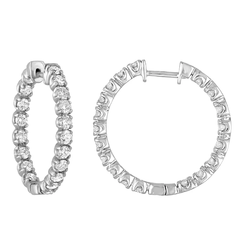 Best hoop earrings with cubic zirconia for a budget-friendly, dazzling look-3 cttw Diamond Hoop Earrings 14K White Gold Classic Inside Out Style 1 Inch