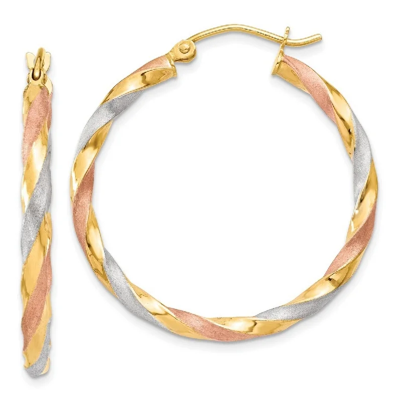 Best hoop earrings with matte finish for a sophisticated, understated design-Curata 14k Tri Color Gold Satin Twisted Hoop Earrings - 34x3mm