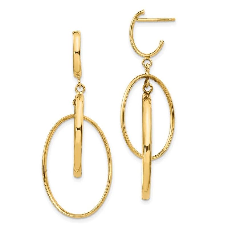 Best hoop earrings with gold-plated finishes for an affordable luxury vibe-Curata 14k Yellow Gold Polished Double Oval Post Long Drop Dangle Earrings 45x18mm