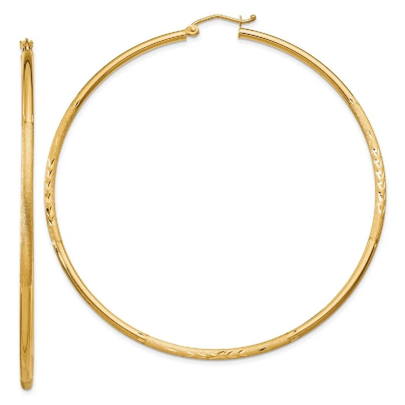 Hoop earrings with leather accents for a sleek and bold combination-Curata 14k Yellow Gold Satin and Sparkle Cut 60x2mm Round Hoop Earrings