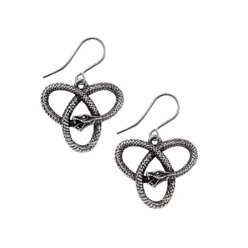 Hoop earrings with cut-out designs for a creative and lightweight effect-Eve's Triquetra Serpent Snake Droppers Earrings by Alchemy Gothic