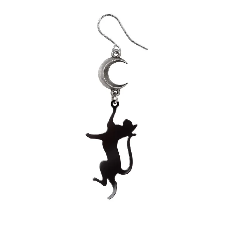 Best hoop earrings with intricate beaded details for a textured, stylish appearance-Feline Moondream Black Cat Crescent Moon Single Earring by Alchemy Gothic