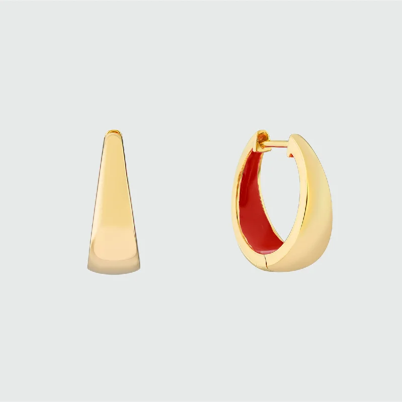 Hoop earrings with hammered copper for a warm and rustic aesthetic-Havana Tomato Red Enamel and Gold Huggie Hoop Earrings