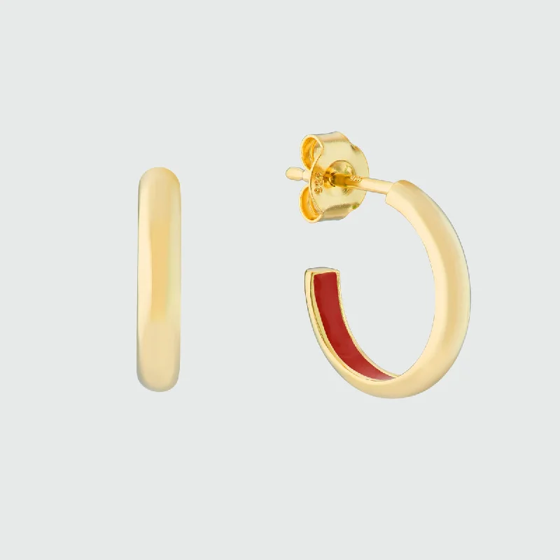 Hoop earrings with leather accents for a sleek and bold combination-Havana Tomato Red Enamel and Gold Half Hoop Earrings