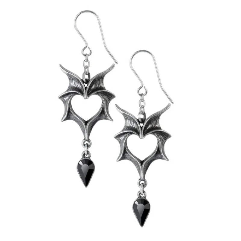 Best hoop earrings with blackened metal for an edgy and bold appearance-Love Bats Crystal Heart Earrings by Alchemy Gothic