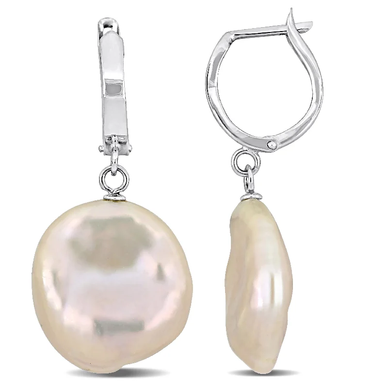 Best hoop earrings with gold for a luxurious and timeless look-Mimi & Max 16.5-17mm Cultured Freshwater Pink Coin Pearl Hoop Earrings in 14k White Gold