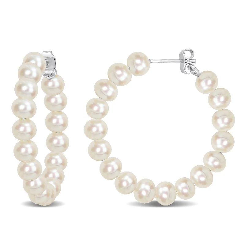 Best hoop earrings with floral designs for a feminine and delicate look-Mimi & Max 5-5.5mm Cultured Freshwater Pearl Hoop Earrings in Sterling Silver