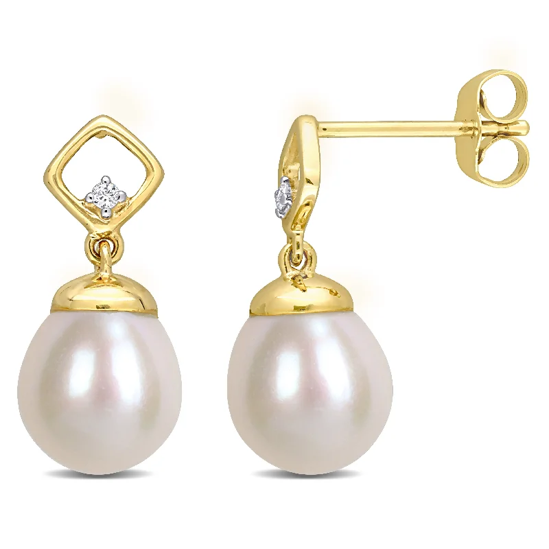 Hoop earrings with twisted metal designs for a dynamic and modern style-Mimi & Max 8-8.5mm Cultured Freshwater Pearl and Diamond Accent Earrings in 14k Yellow Gold