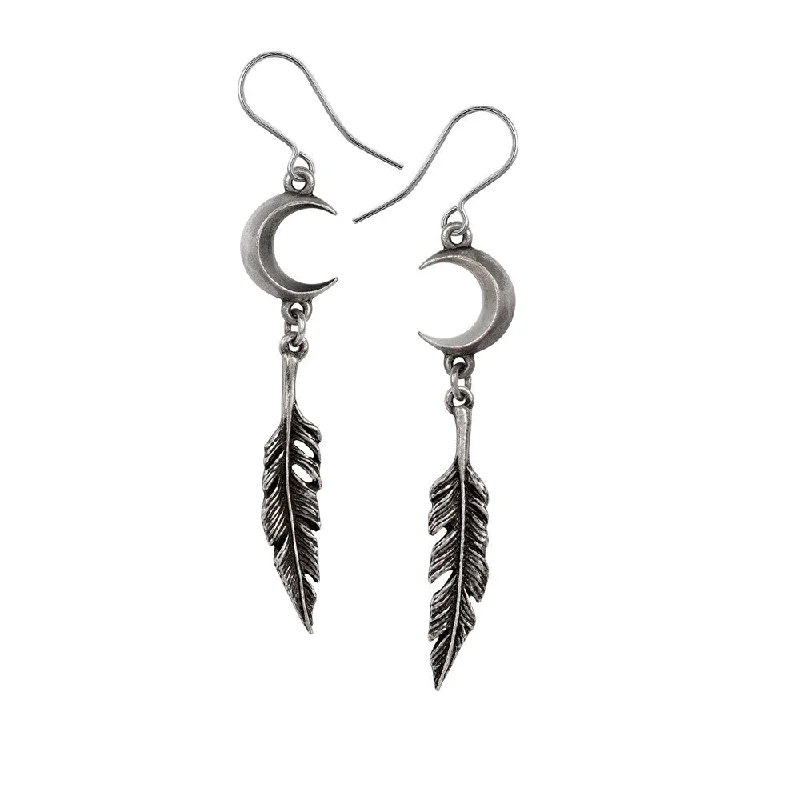 Hoop earrings with tortoiseshell designs for a chic and classic style-Pagan Dream Catcher Crescent Moon Feather Earrings by Alchemy Gothic